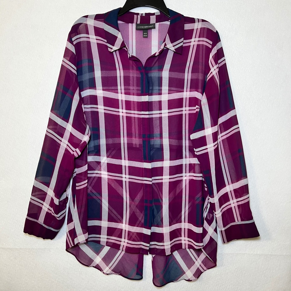 Lane Bryant Purple Plaid Button Down Sheer Lagenlook Romantic Layering Top 18/20